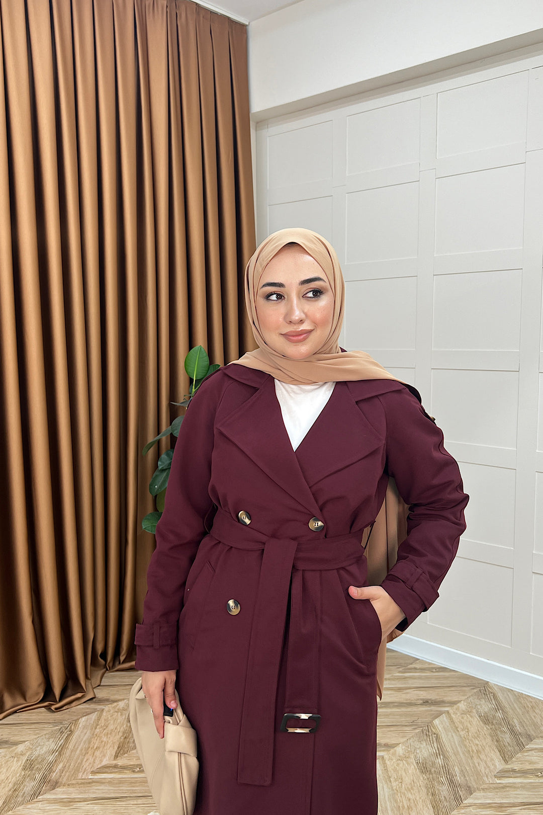 Pamella Kuşaklı Trençkot Bordo 5533-BORDO