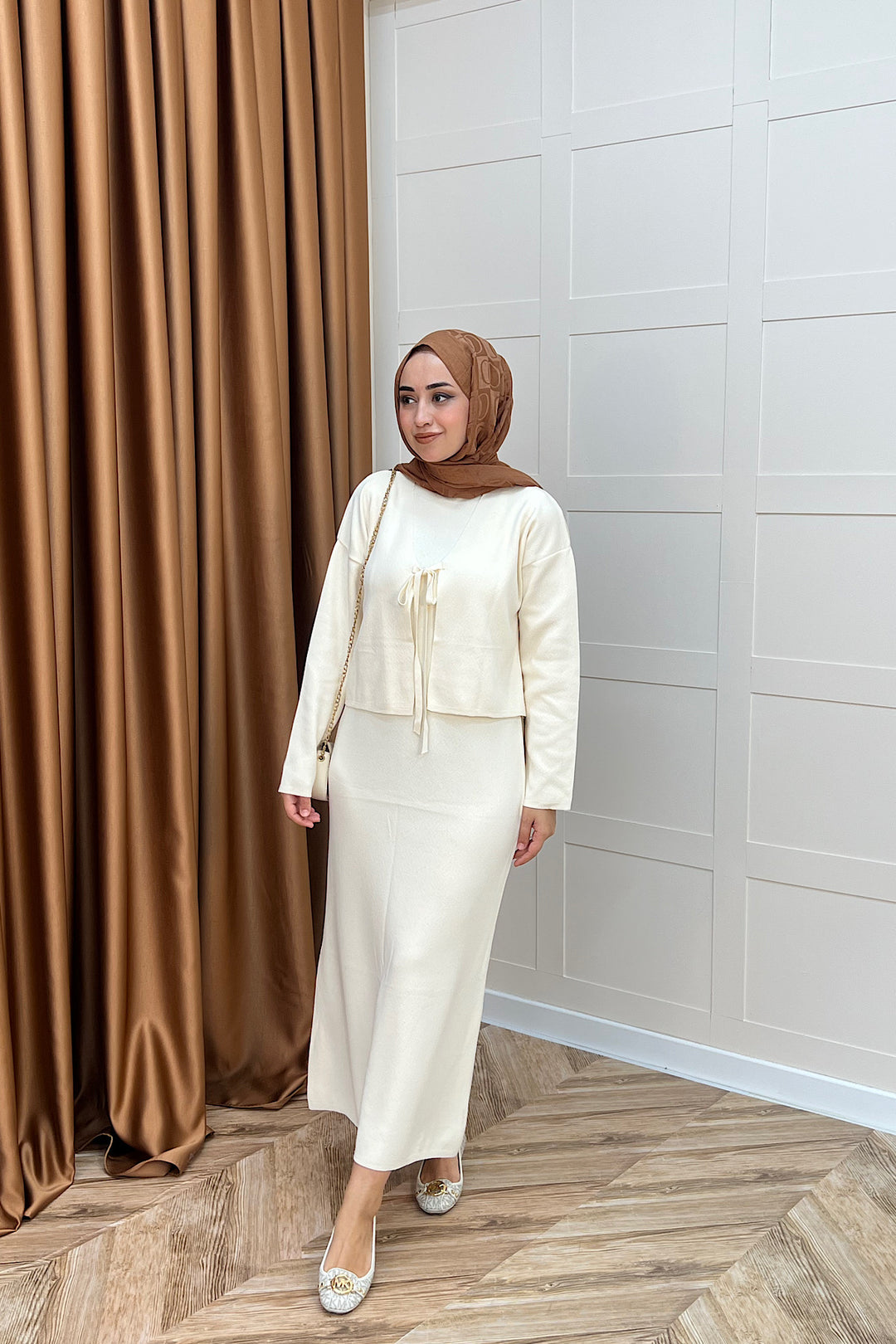 Ester Croplu İkili Triko Elbise Krem 25160-KREM