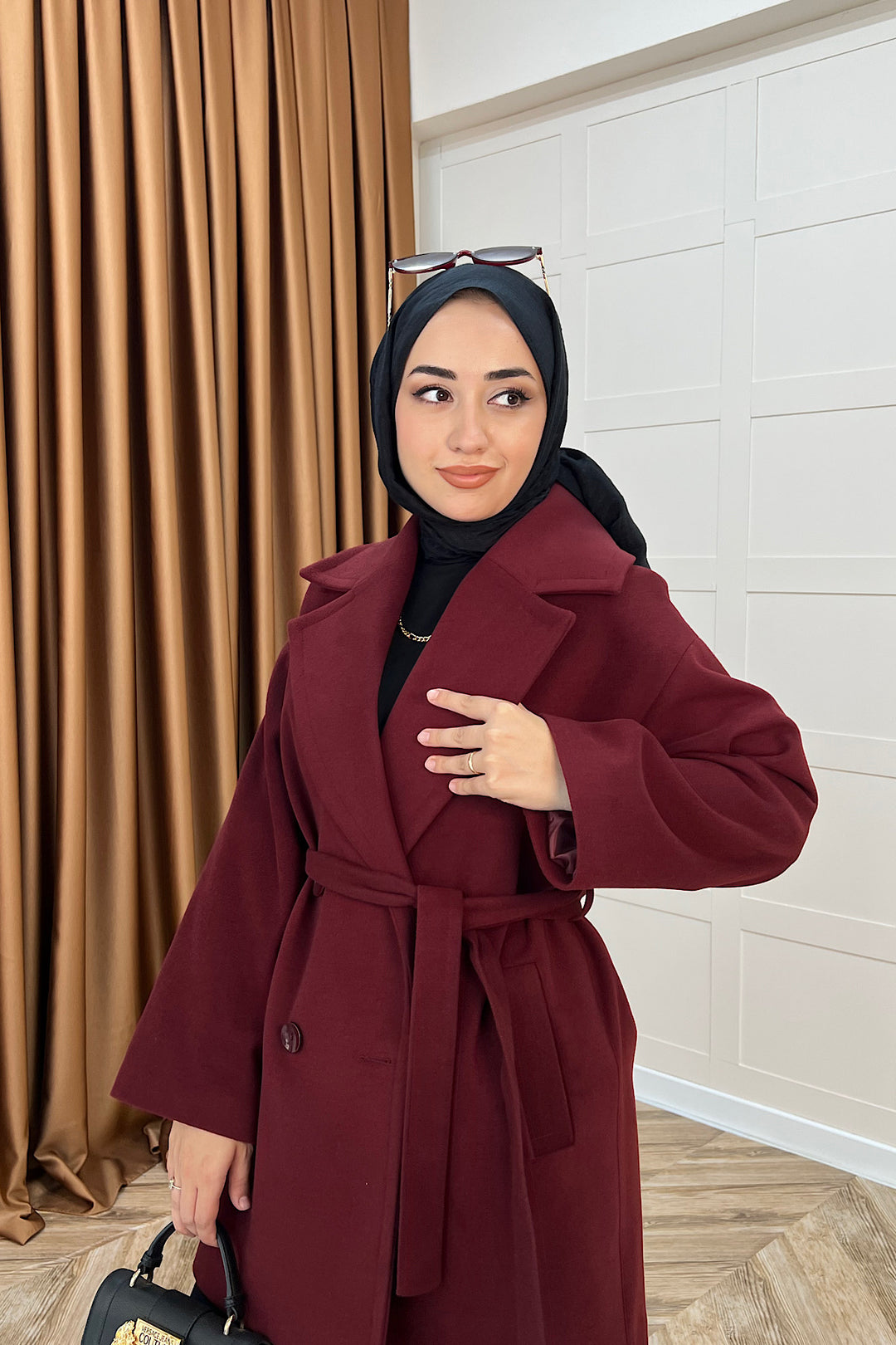 Nuve Premium Kuşaklı Kaban Bordo 5514-BORDO