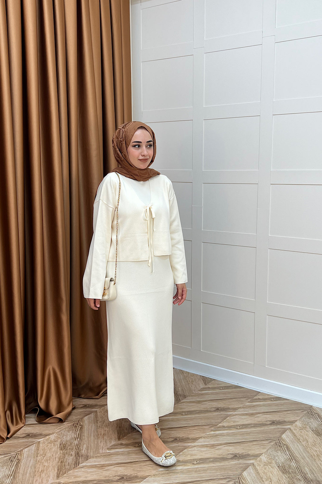 Ester Croplu İkili Triko Elbise Krem 25160-KREM