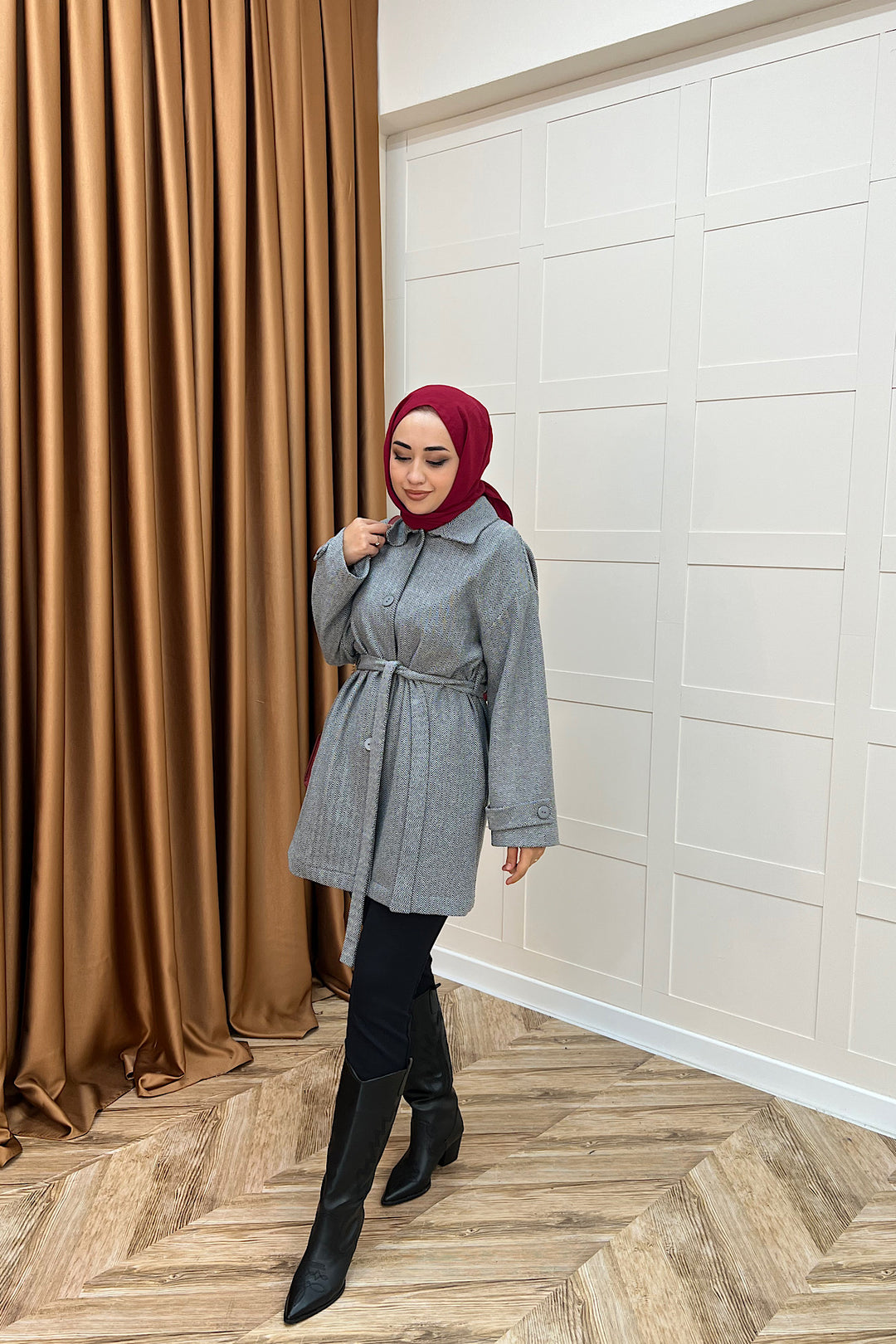 Bensu Kuşaklı Kaşe Kaban Gri 5518-GRI