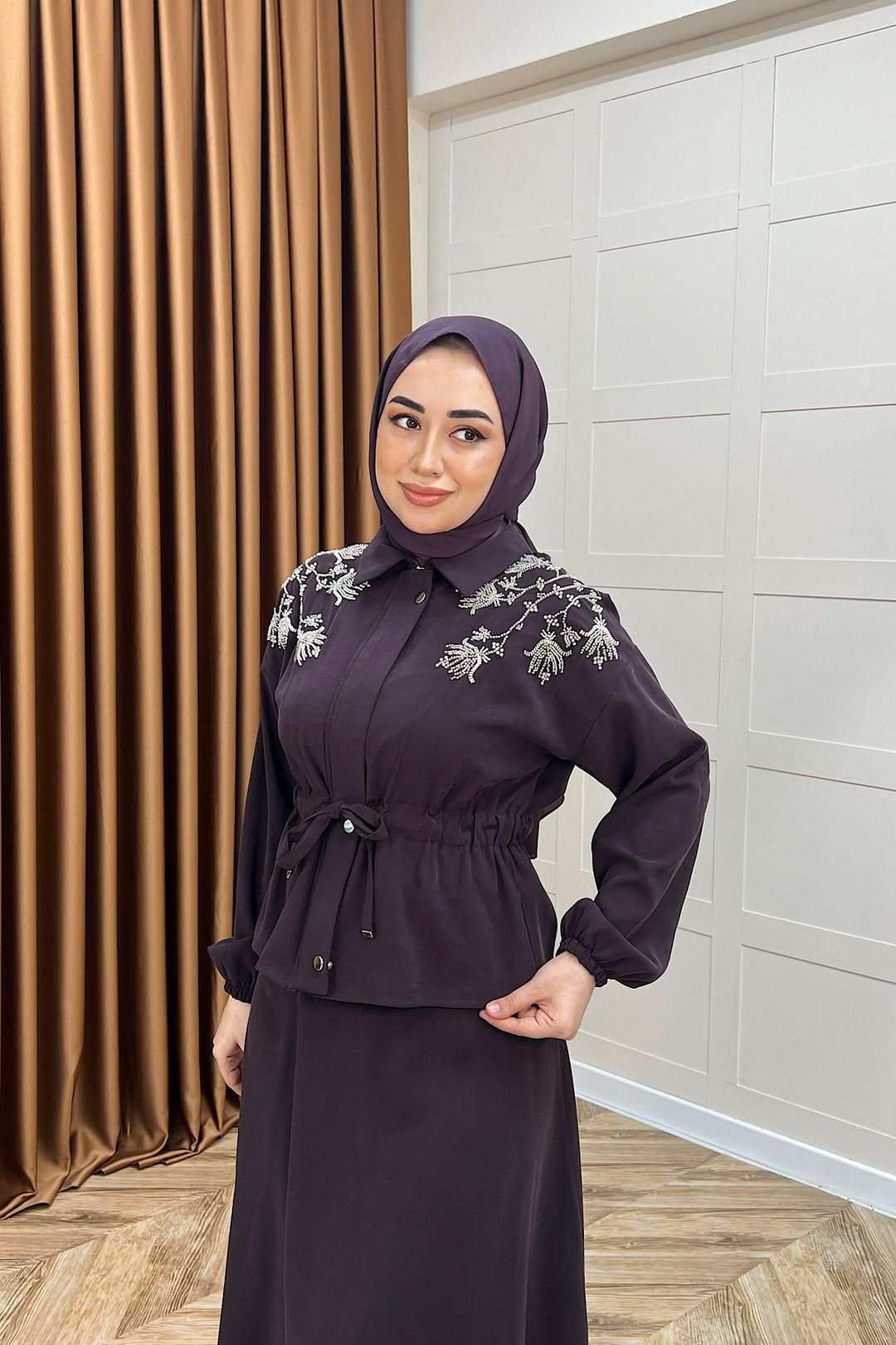 Laura Taş İşlemeli Etek Takım Mürdüm 02969-MURDUM