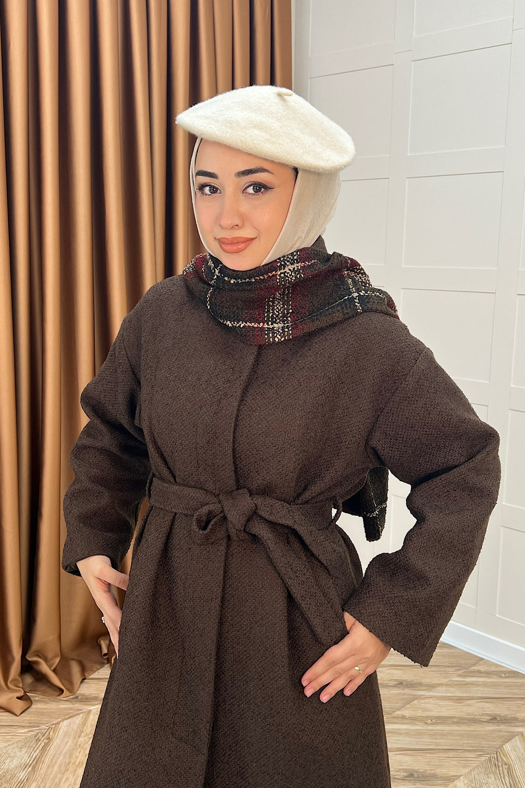 Duru Premium Kumaş Atkı Detay Kaban Kahverengi 5517-KAHVERENGI