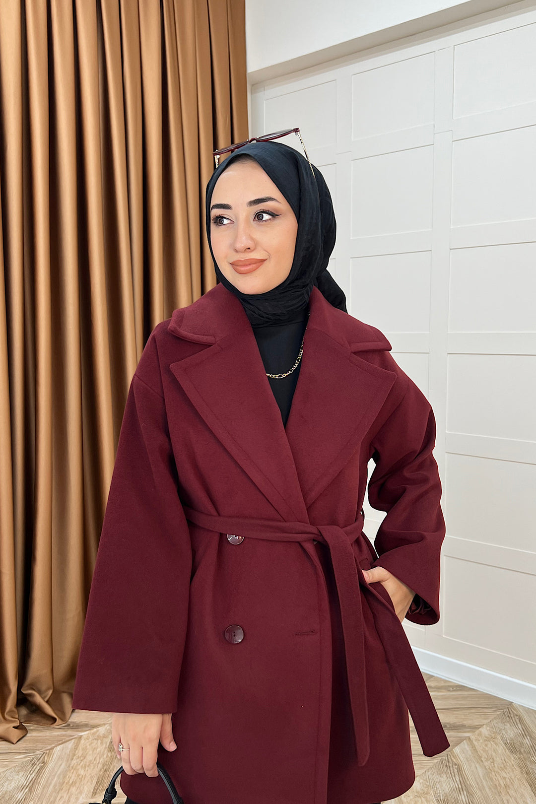 Nuve Premium Kuşaklı Kaban Bordo 5514-BORDO