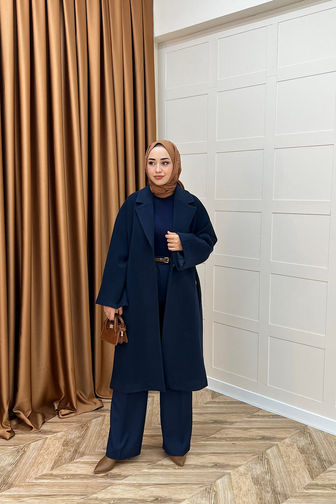 Yıldız Premium Kumaş Kuşaklı Kaban Lacivert 5515-LACIVERT