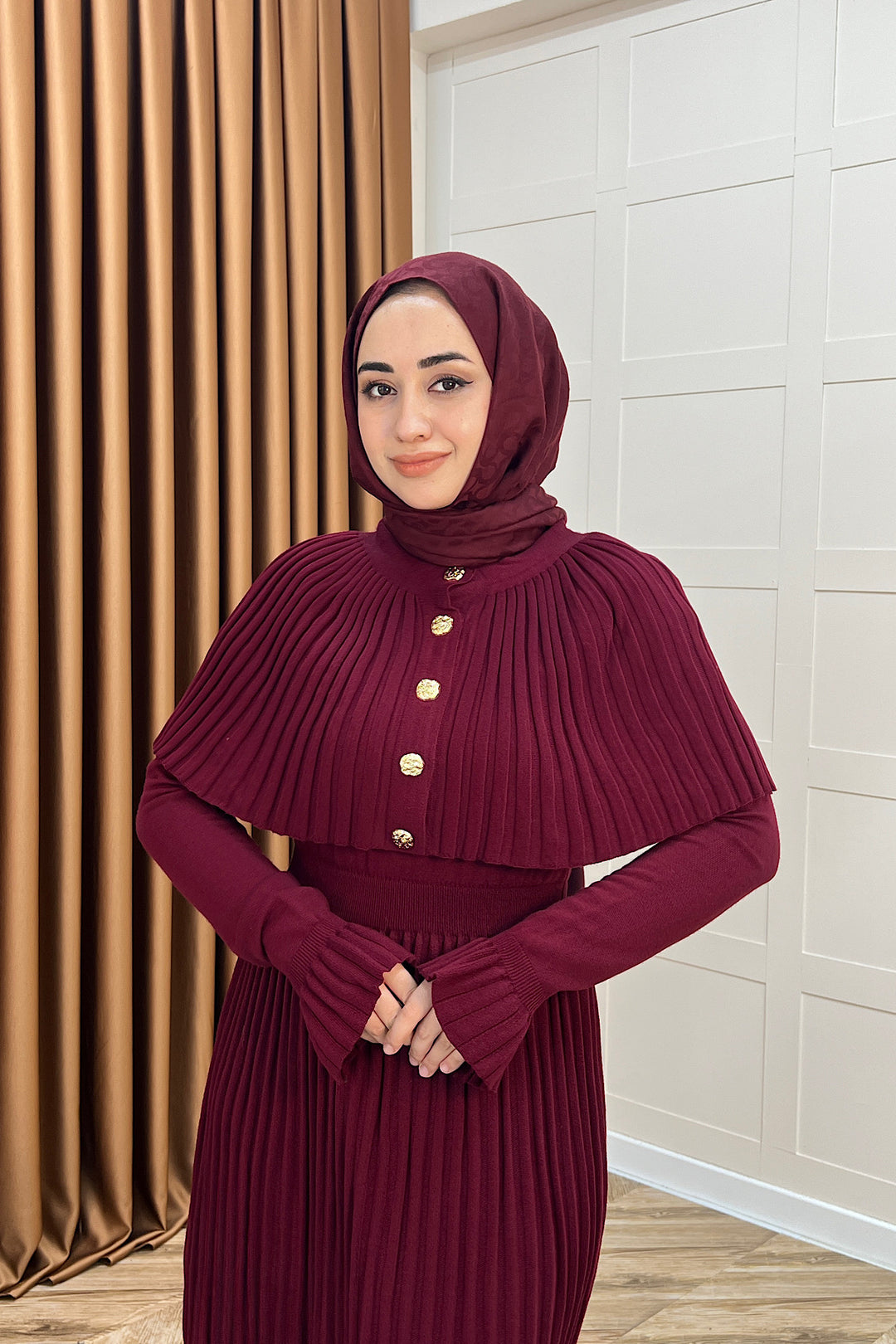 Kelebek Pelerinli Triko Elbise Bordo 10200-BORDO