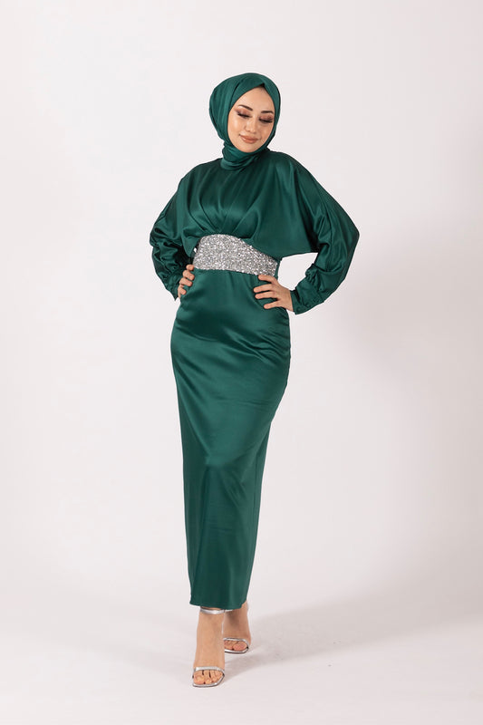 Beli Taş Detay Saten Abiye Zümrüt 4862-ZUMRUT
