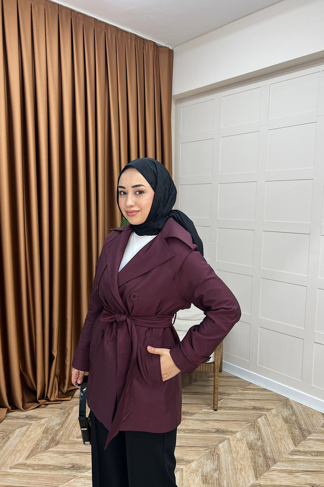 Elya Kuşaklı Trençkot Mürdüm 1006-MURDUM
