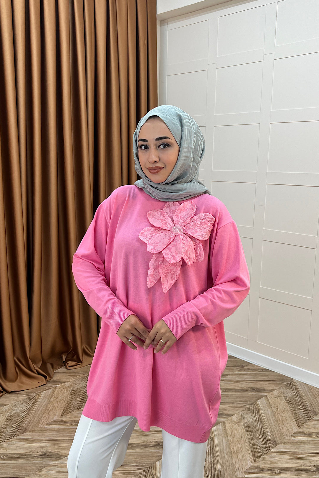 Merserize Çiçekli Triko Tunik Pembe 2550-PEMBE