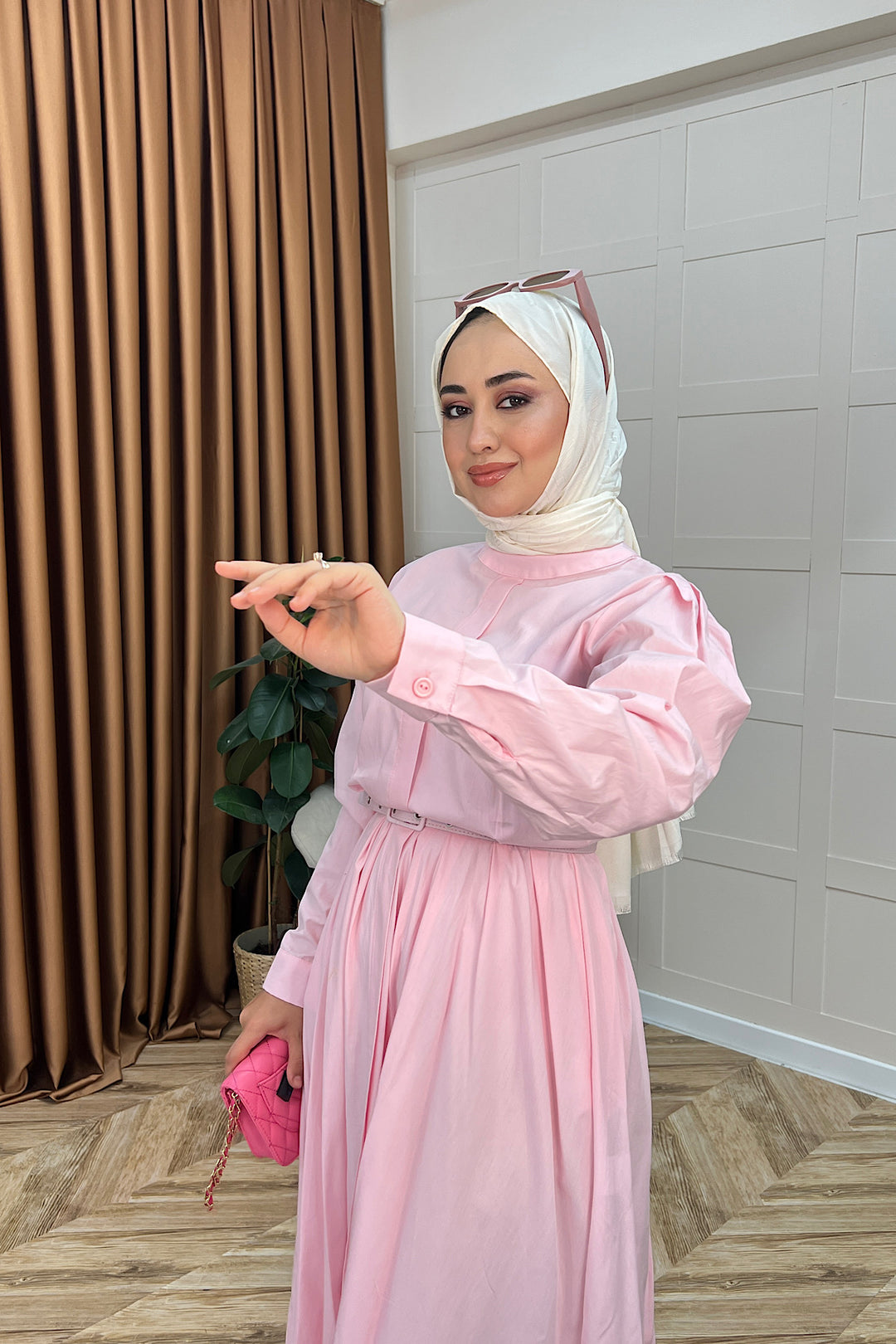 Elvin Belden Pileli Elbise Pembe 2656-PEMBE