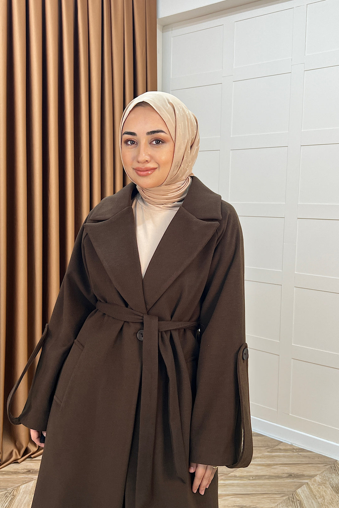 Kol Detay Kaşe Kaban Kahverengi 5522-KAHVERENGI