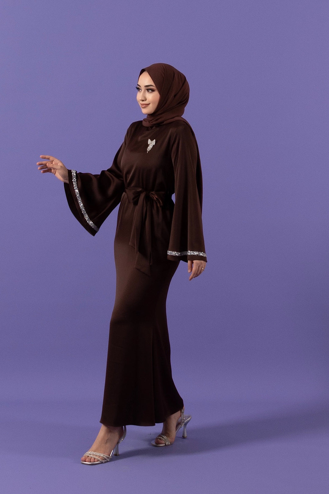 Kolları Taş Detay Saten Abiye Kahverengi 3011-KAHVERENGI