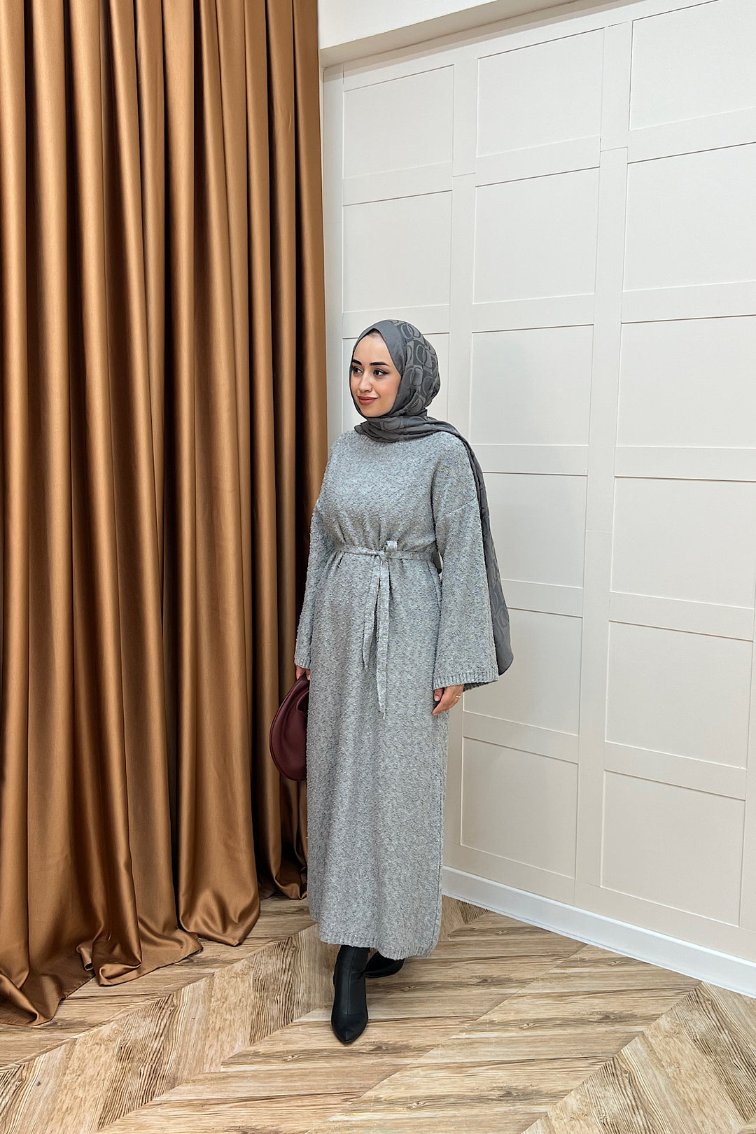 Yumoş Sim Karışımlı Salaş Triko Elbise Gri 252500-GRI