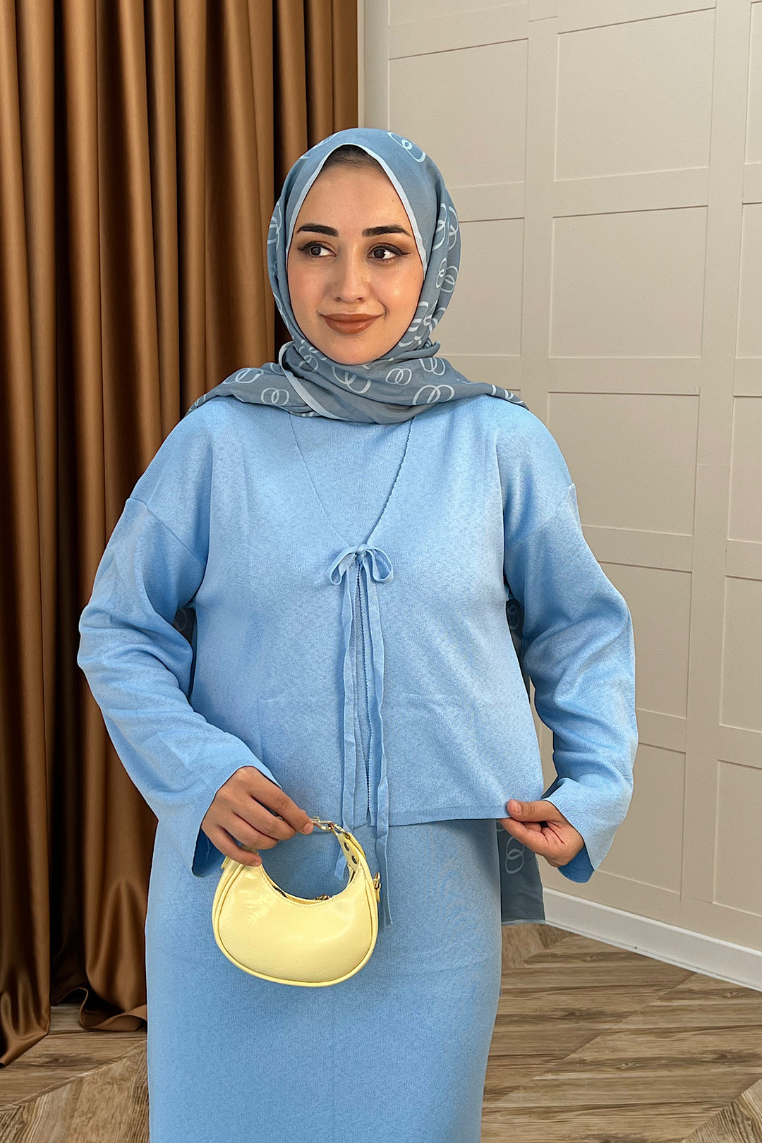 Ester Croplu İkili Triko Elbise Mavi 25160-MAVI