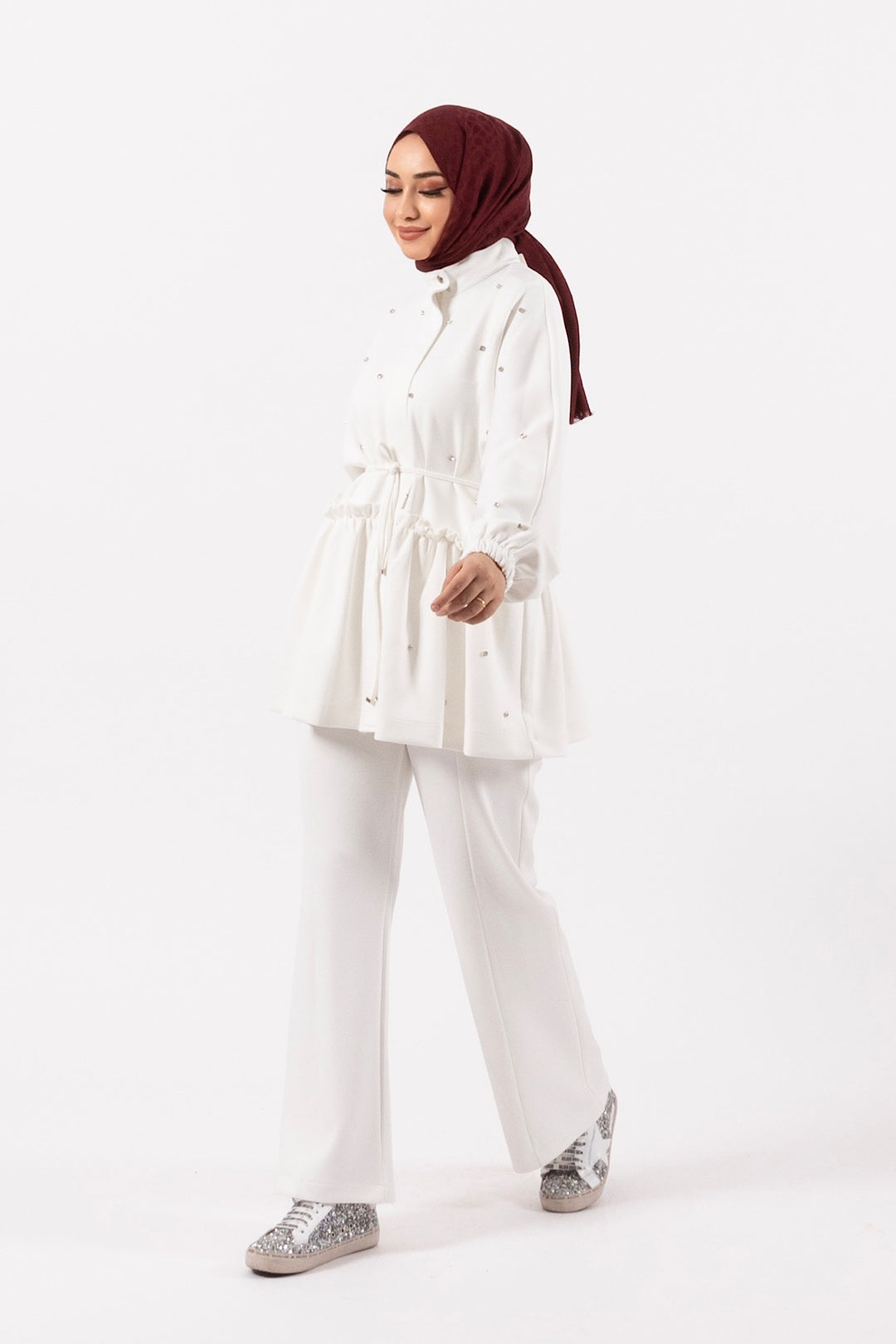 Yarasa Kol Belden Büzgülü Takım Beyaz 24K1784-BEYAZ