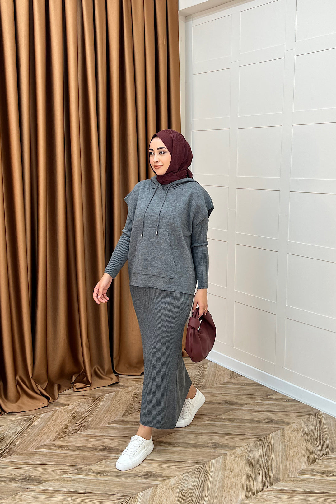 Üst Kapüşonlu İkili Triko Elbise Gri 25290-GRI