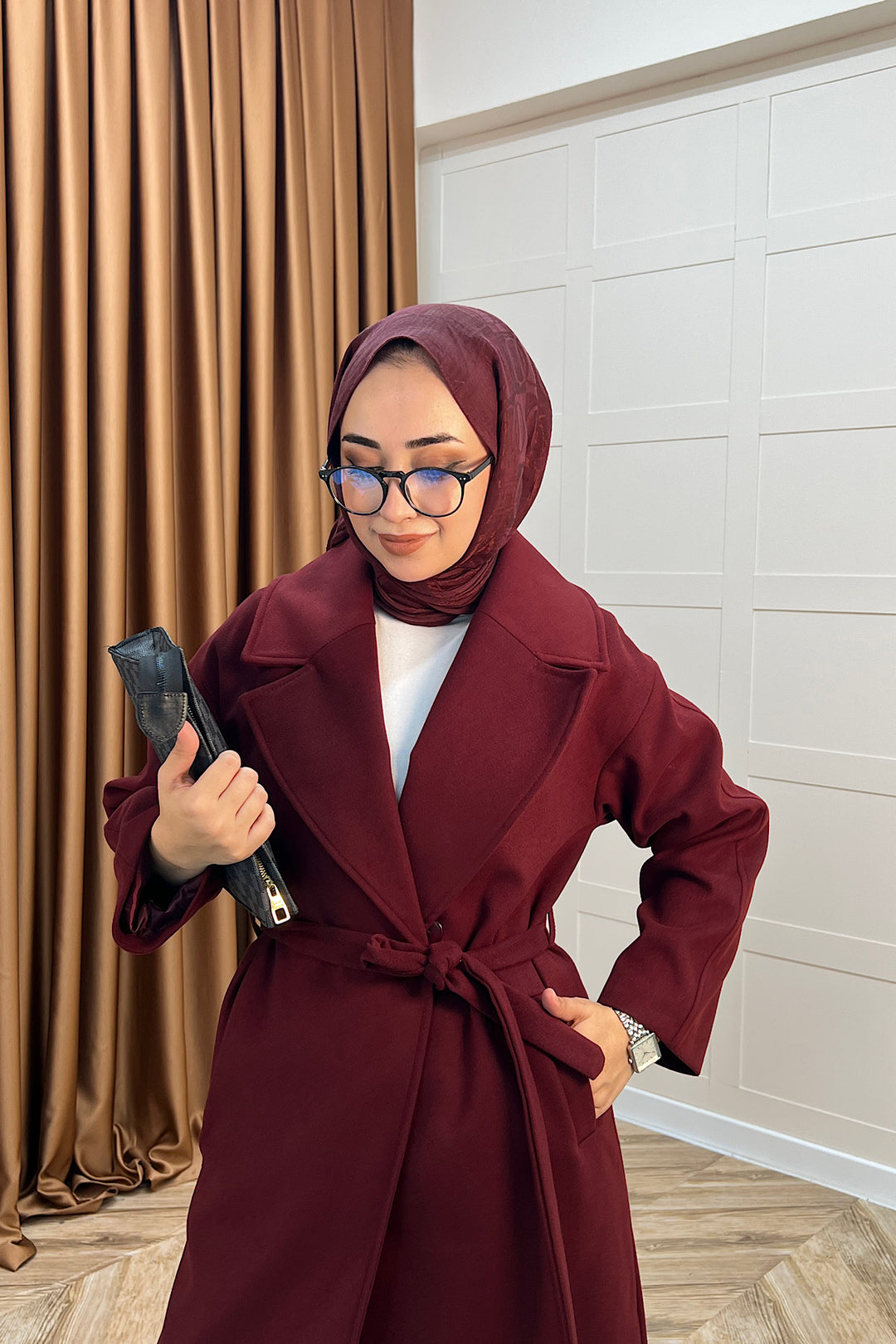 Retro Premium Kumaş Uzun Kaşe Kaban Bordo 5509-BORDO