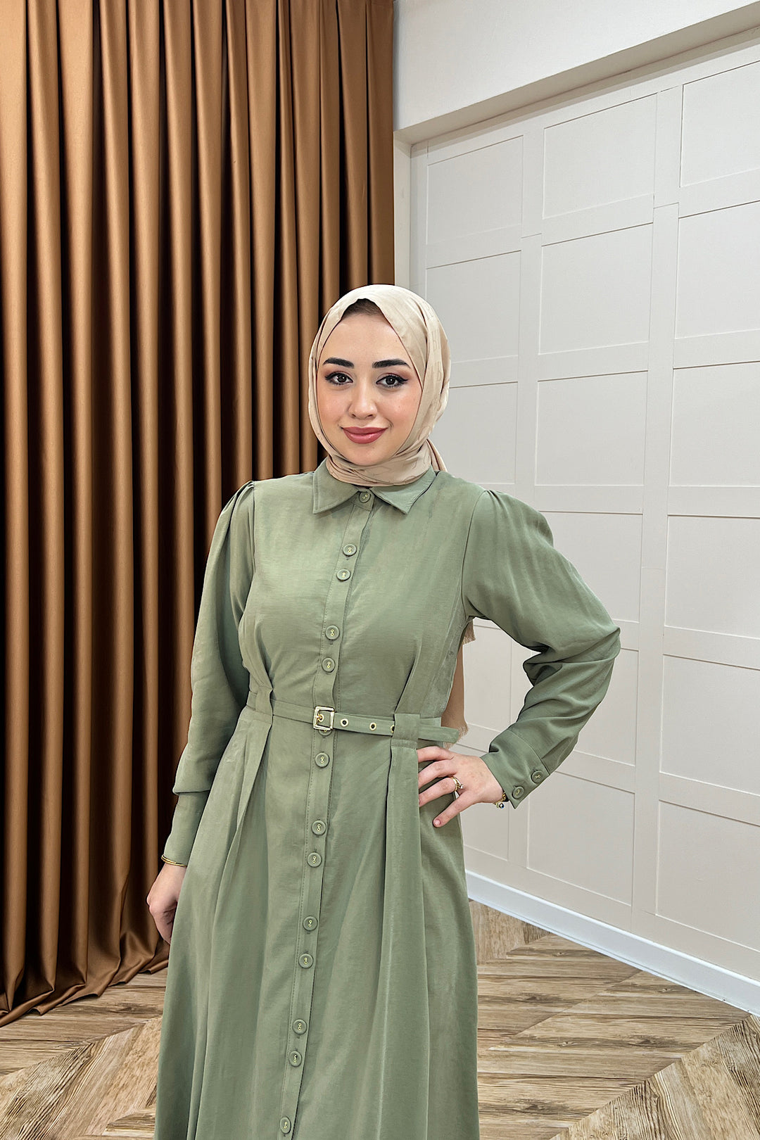 Nisa Boydan Düğmeli Elbise Yeşil 3000-YESIL