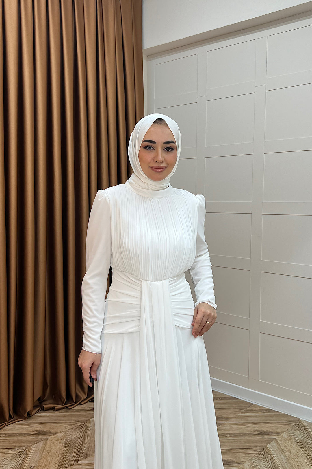 Elanor Bel Detay Şifon Abiye Beyaz 3092-BEYAZ