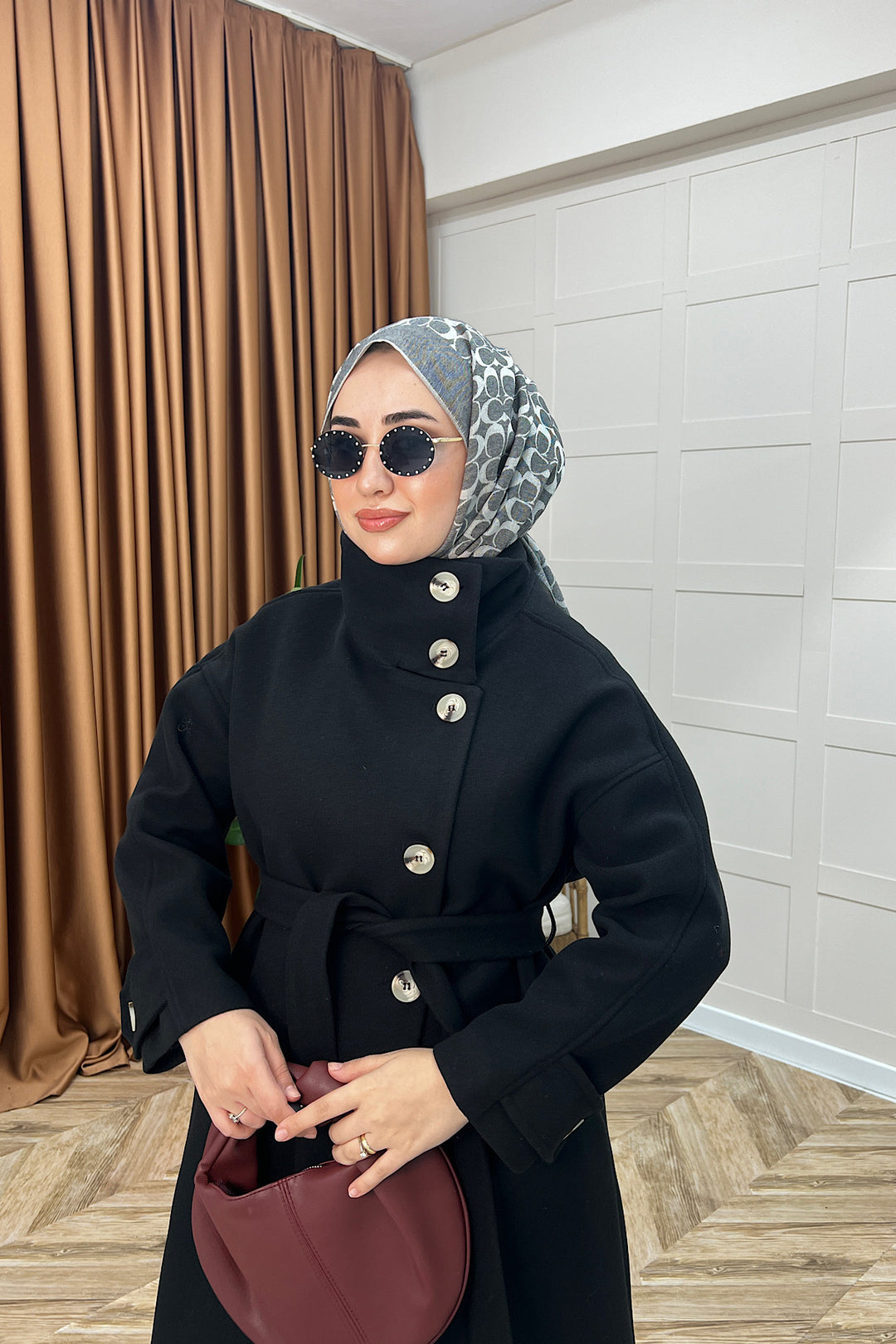 Siena Kuşaklı Kaşe Kaban Siyah 5537-SIYAH