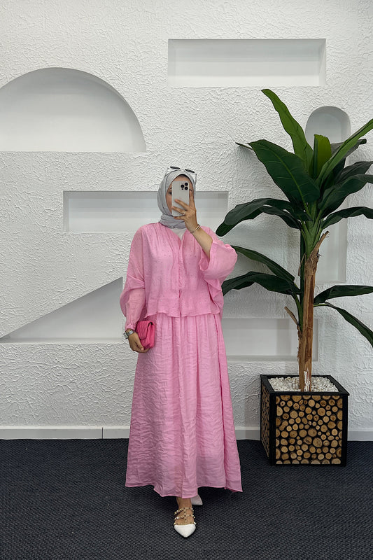 Taş Detay Etekli Takım Pembe 8830-PEMBE