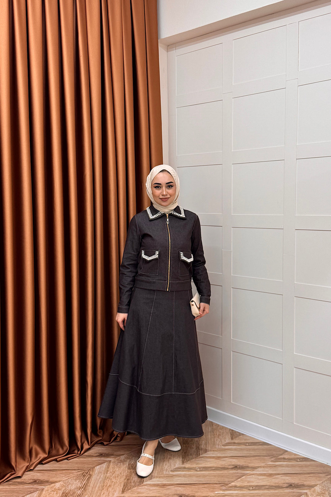 Klara İnci Detay Kot Takım Kahverengi 3095-KAHVERENGI