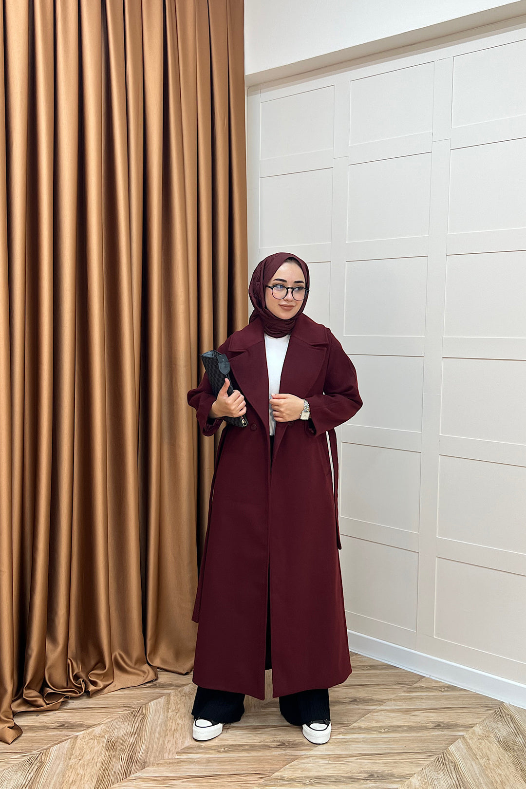 Retro Premium Kumaş Uzun Kaşe Kaban Bordo 5509-BORDO