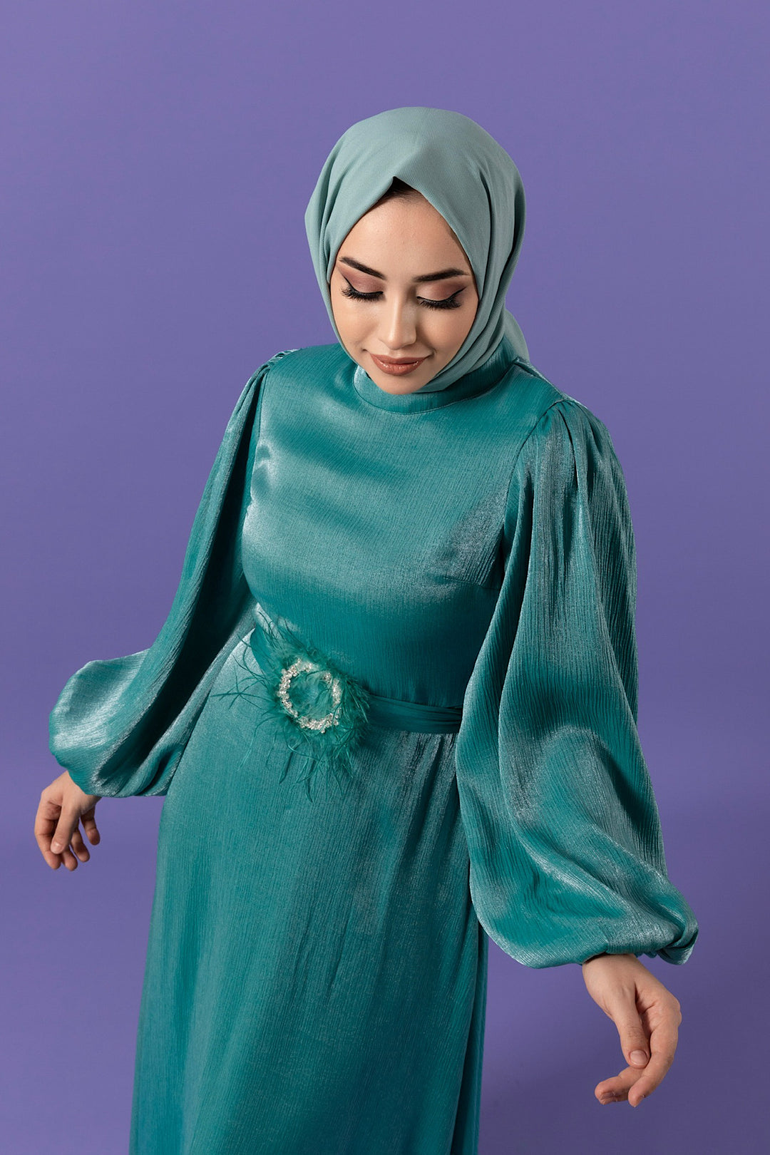 Taş Tüy Detay Janjan Elbise Mint 3007-MINT