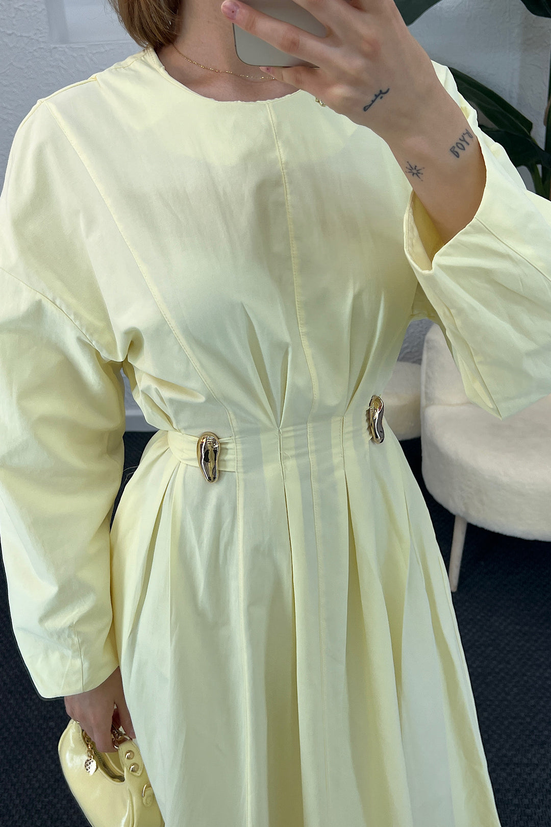 Leona Bel Detay Elbise Sarı 0325-SARI