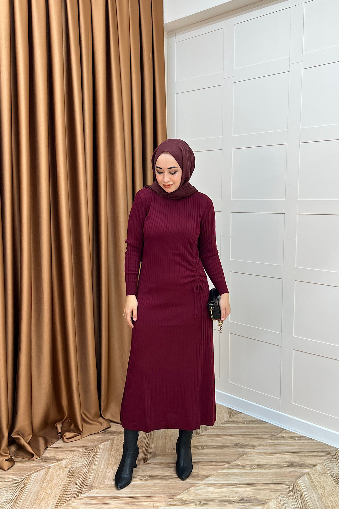 Yandan Büzgülü Triko Elbise Bordo 24870-BORDO