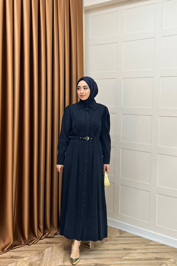 Nisa Boydan Düğmeli Elbise Lacivert 3000-LACIVERT