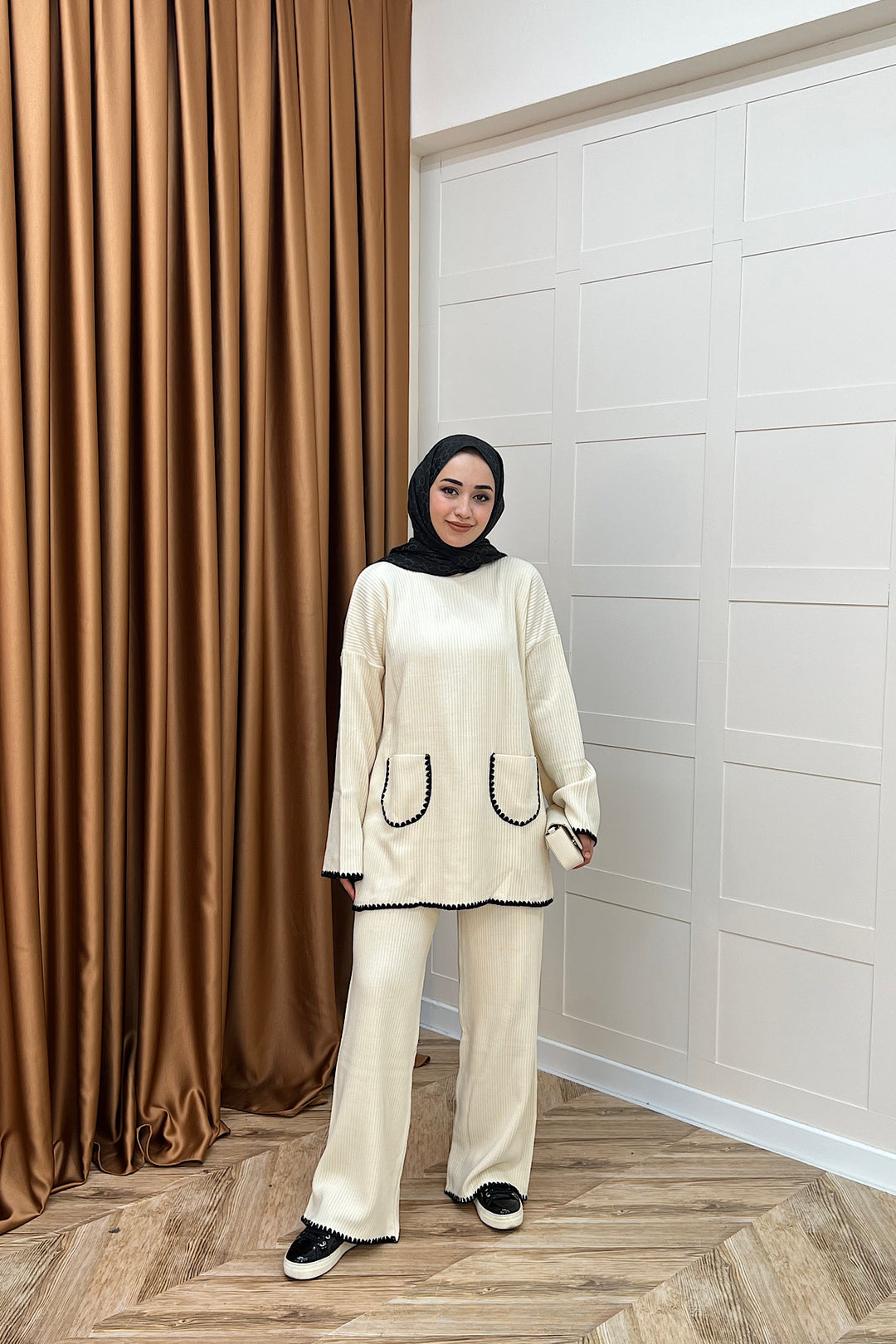 Cep Örgülü Triko Takım Krem 24200-KREM