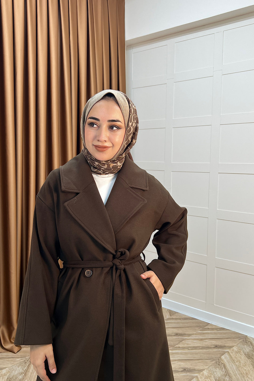 Retro Premium Kumaş Uzun Kaşe Kaban Kahverengi 5509-KAHVERENGI