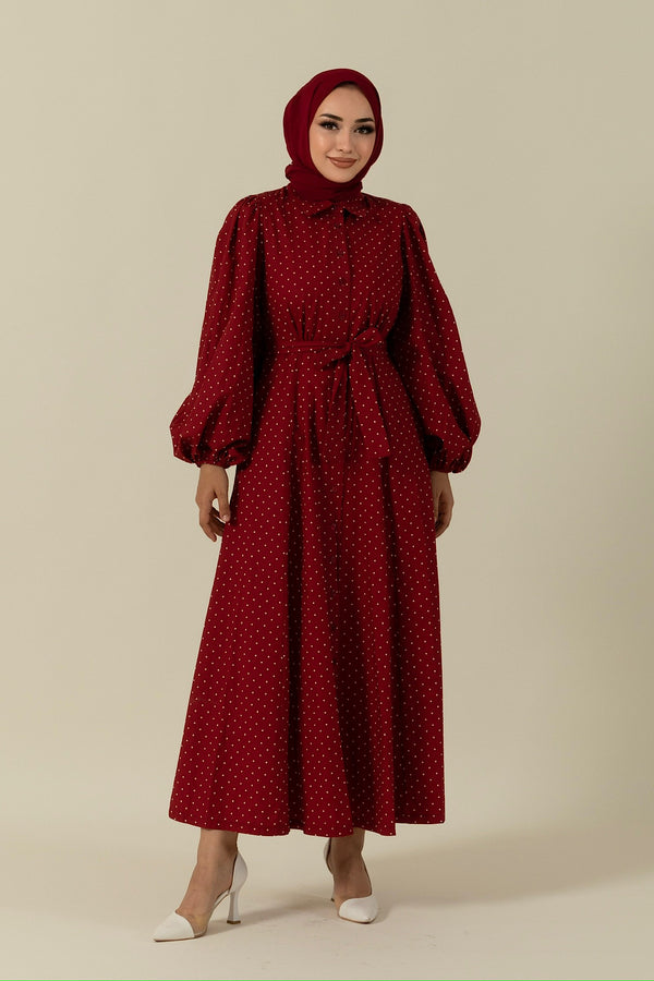 Boydan Düğmeli Puantiye Desen Elbise Bordo 3041-BORDO