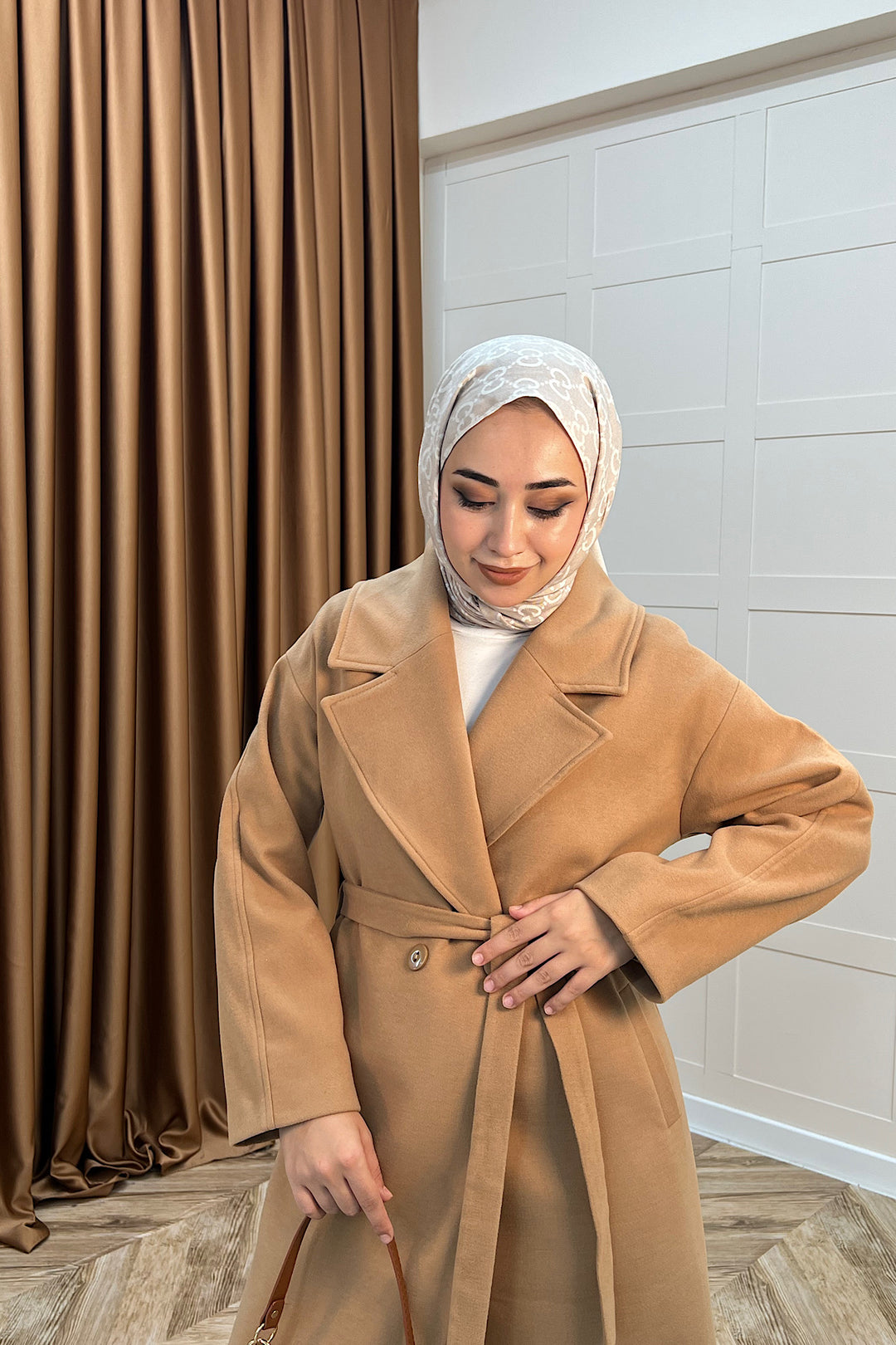 Retro Premium Kumaş Uzun Kaşe Kaban Camel 5509-CAMEL