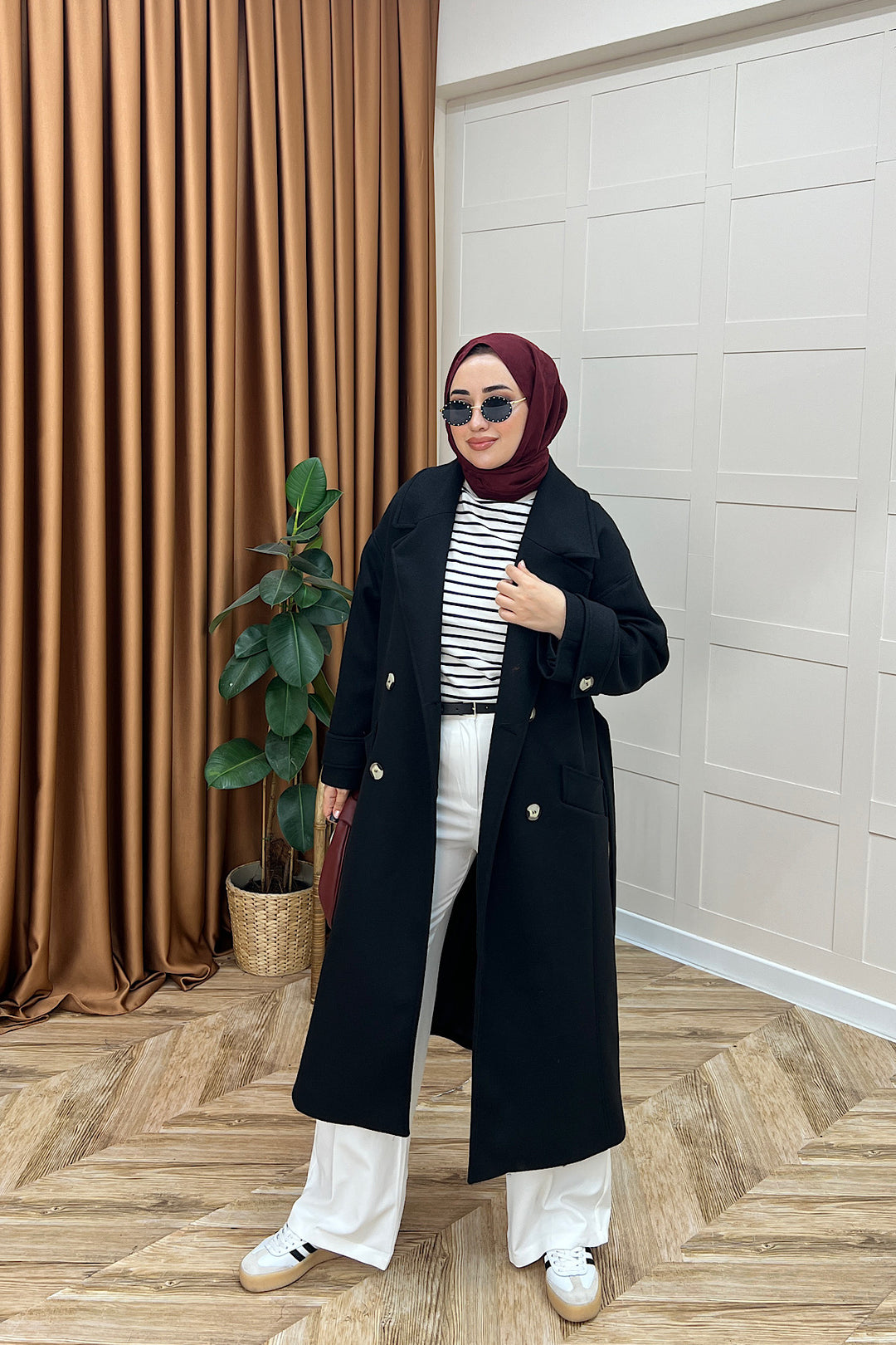 Lara Kuşaklı Kaşe Kaban Siyah 5541-SIYAH