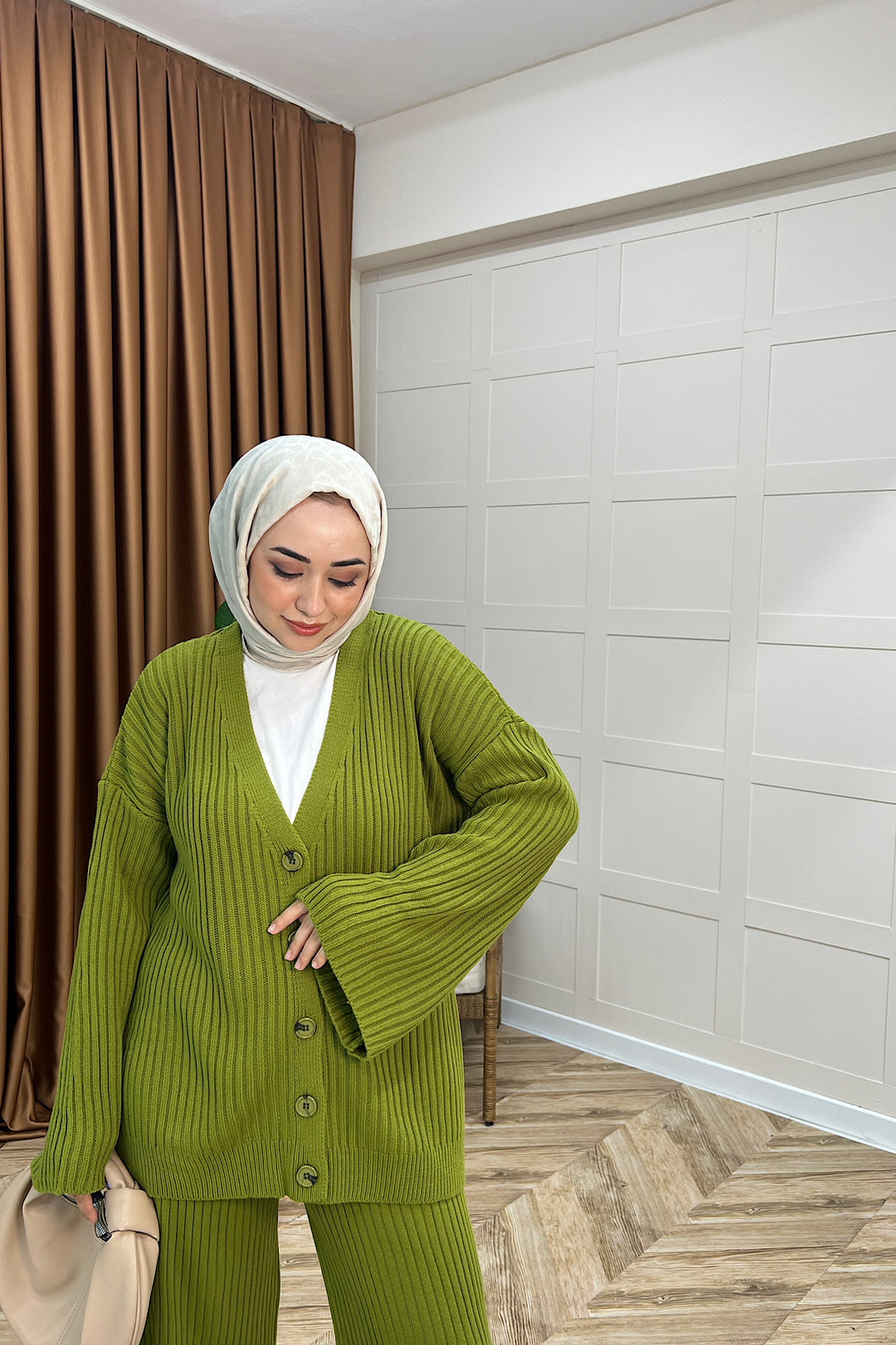 Galata Fitilli Triko Hırka Takım Yağ Yeşili 25630-YAGYESILI