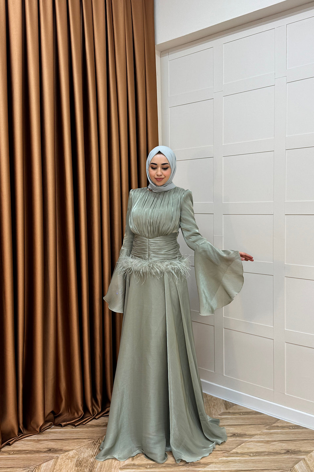 Nova Bel Drapeli Abiye Yeşil 3089-YESIL