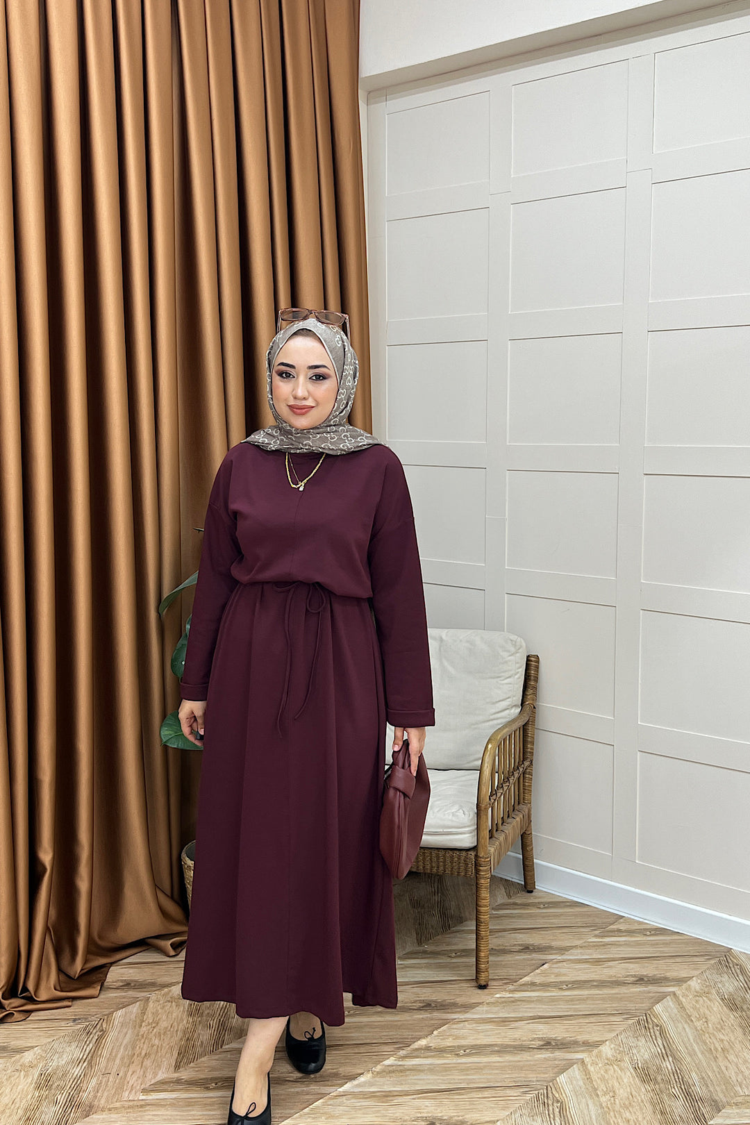 Aura Kuşaklı Elbise Bordo 3138-BORDO