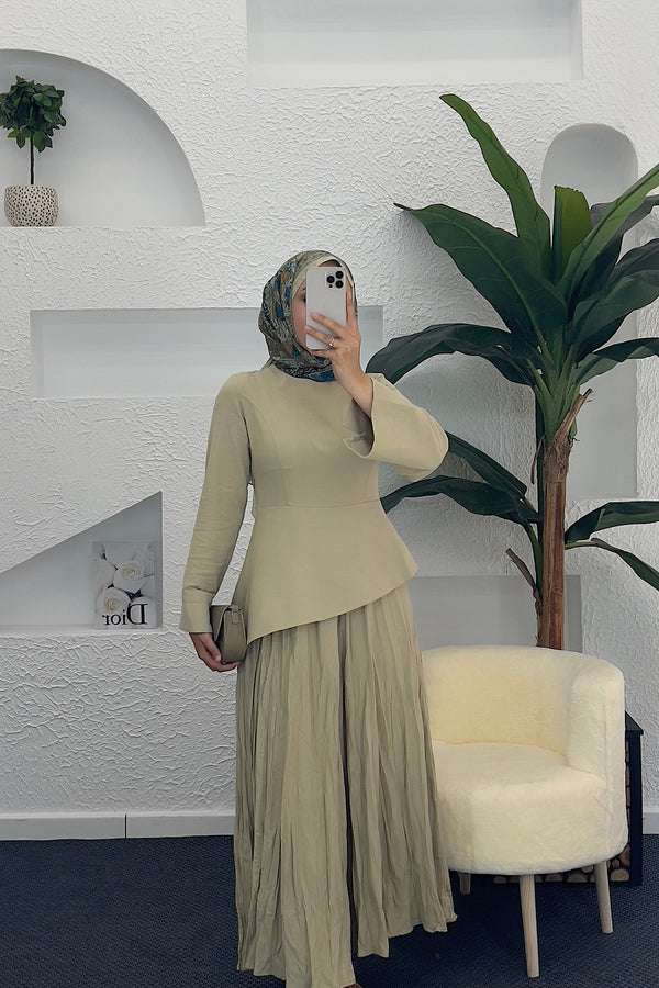 Eteği Kraşlı Keten Elbise Yeşil 5735-YESIL