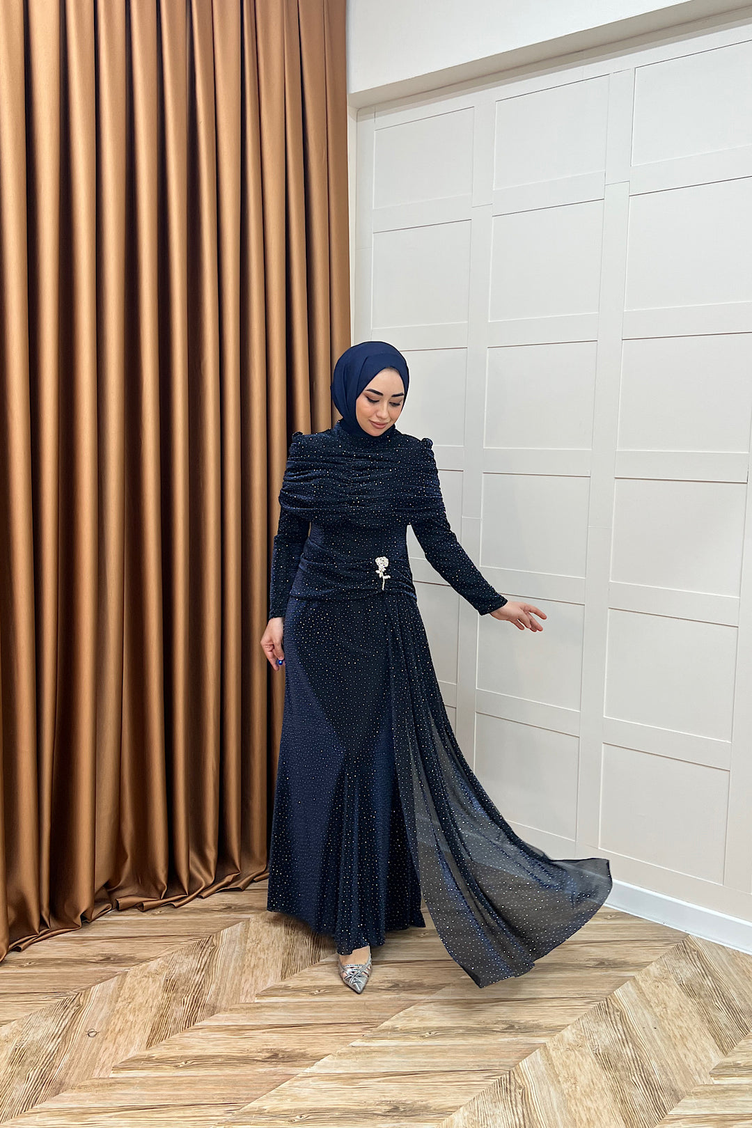 Helena Çiçek Taşlı Abiye Lacivert 3097-LACIVERT