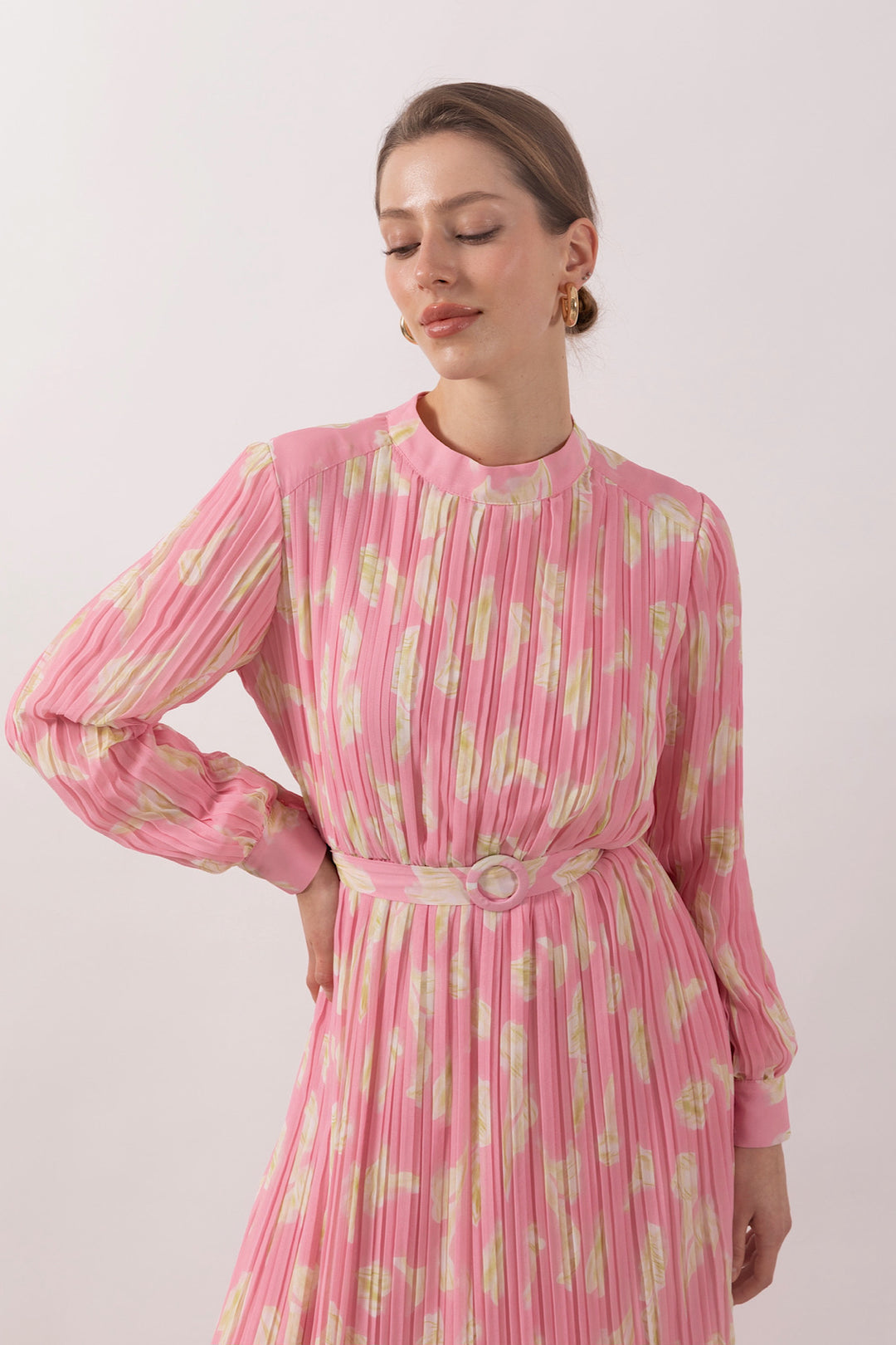 Belise Piliseli Şifon Elbise Pembe 3031-PEMBE