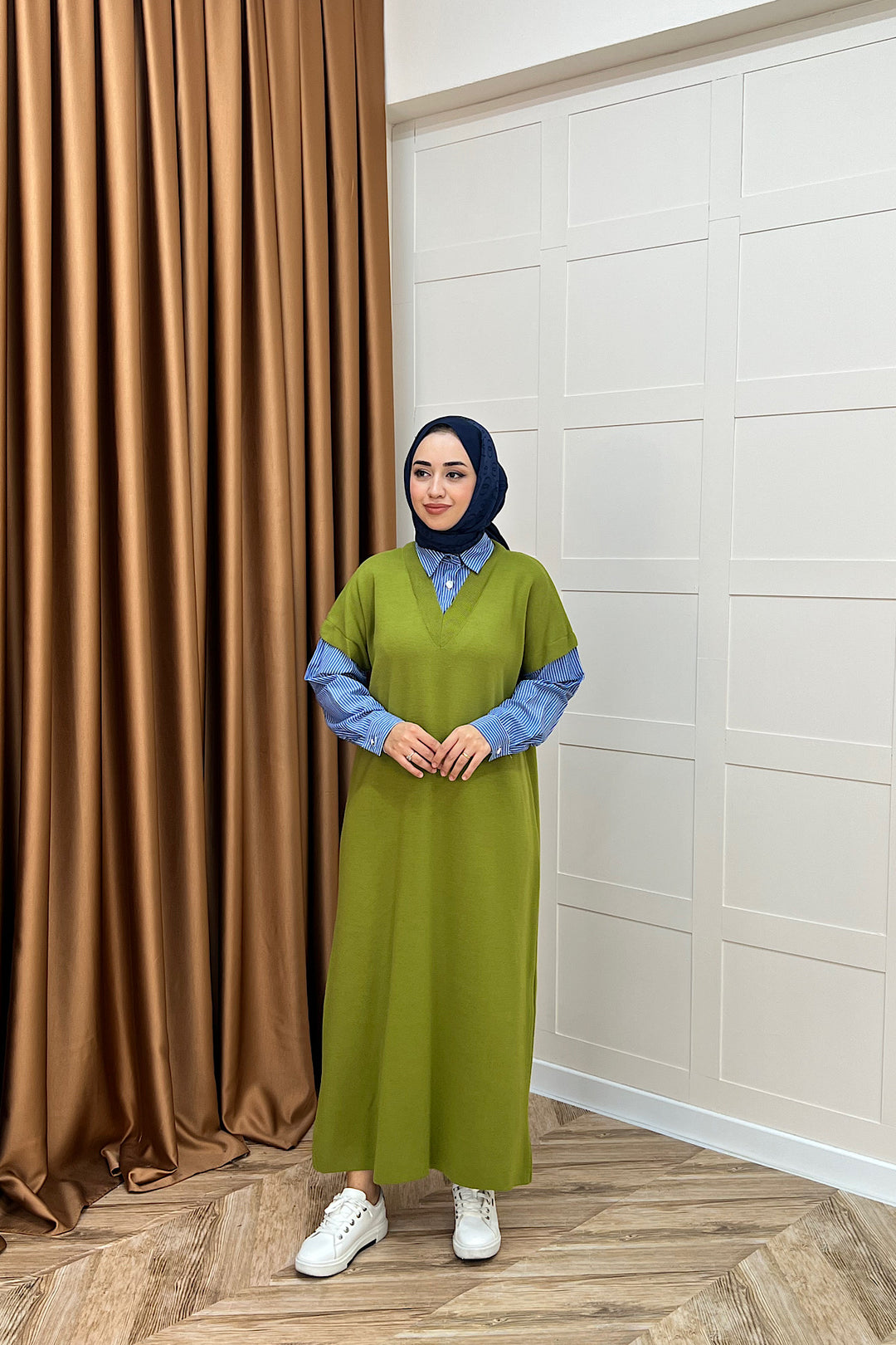 Samira Gömlek Detaylı Triko Elbise Yağ Yeşili 241110-YAGYESILI