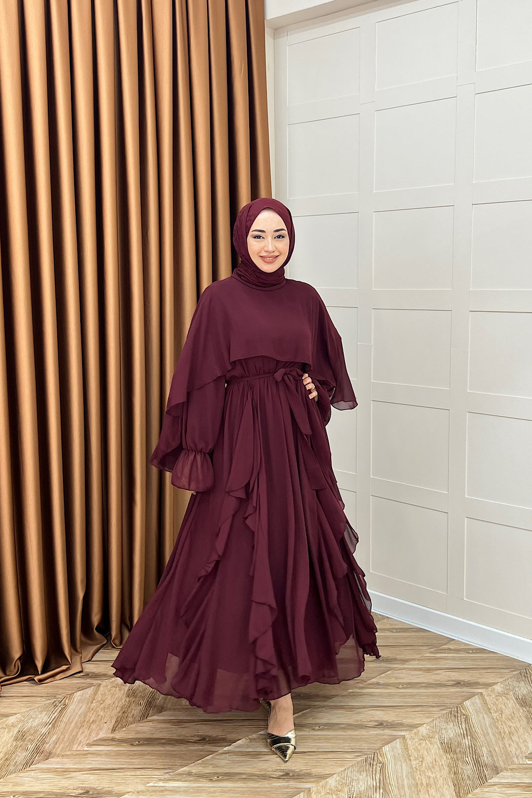 Lovely Şifon Fırfırlı Elbise Bordo 02001-BORDO