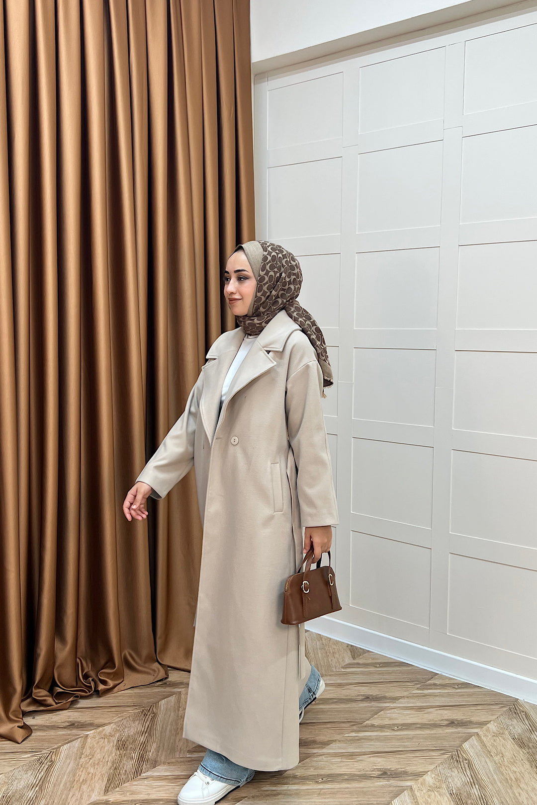 Retro Premium Kumaş Uzun Kaşe Kaban Taş 5509-TAS