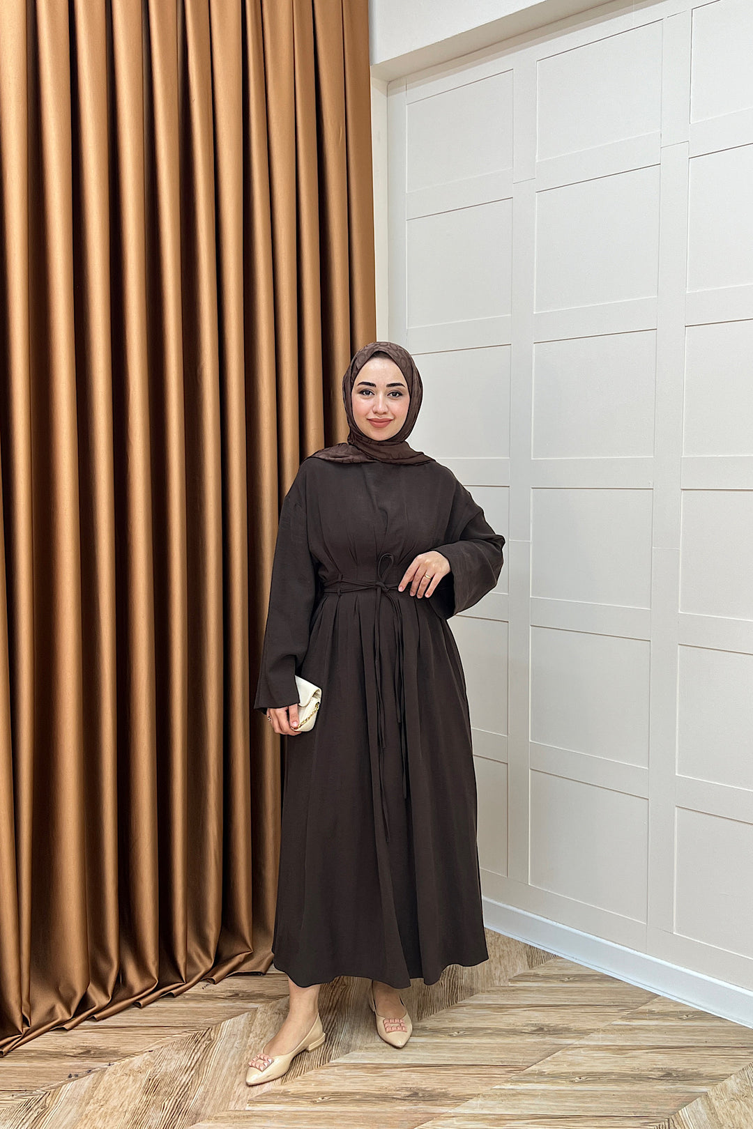 Belden Bağlamalı Cupra Elbise Kahverengi 5013-KAHVERENGI