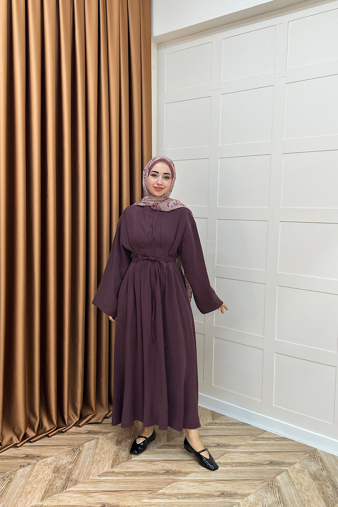 Belden Bağlamalı Cupra Elbise Mürdüm 5013-MURDUM