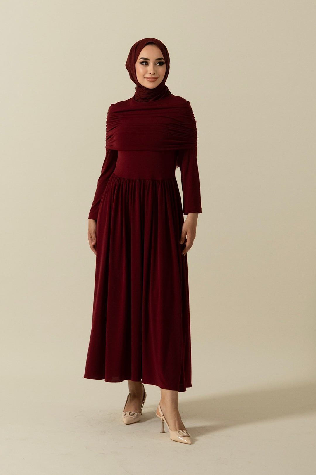 Omuz Drapeli Elbise Bordo 9611-BORDO
