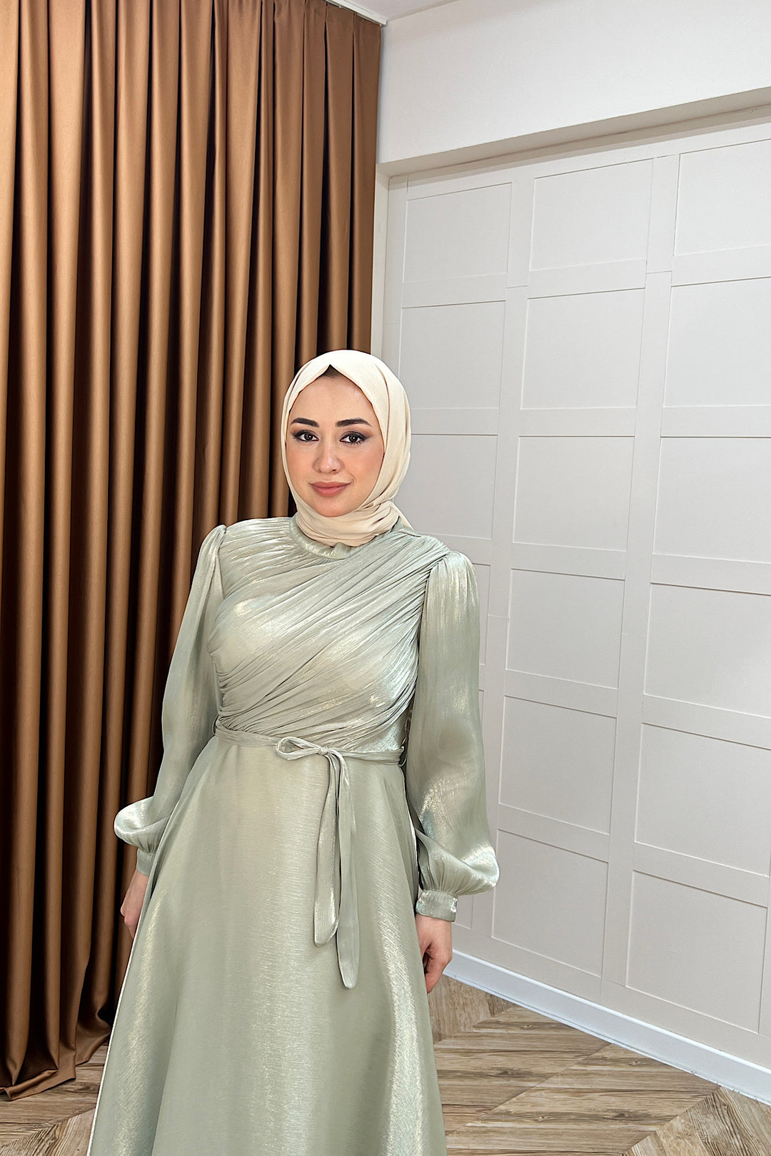 Göğüs Drapeli Abiye Yeşil 3023-YESIL