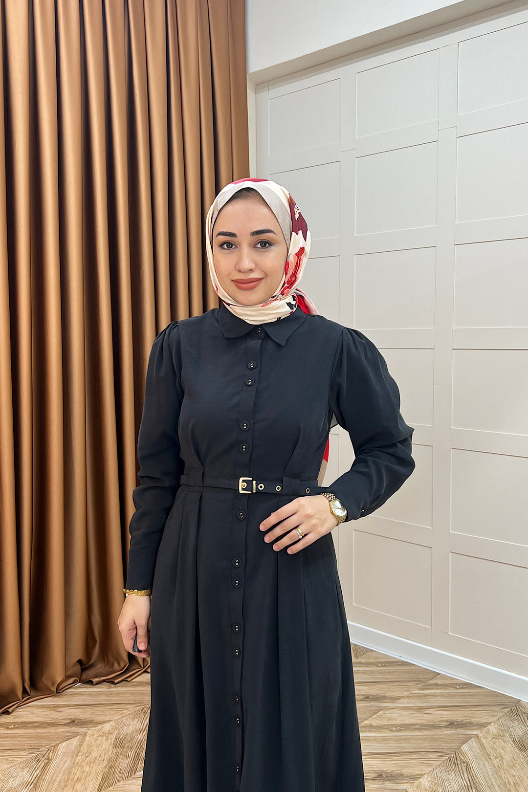 Nisa Boydan Düğmeli Elbise Siyah 3000-SIYAH